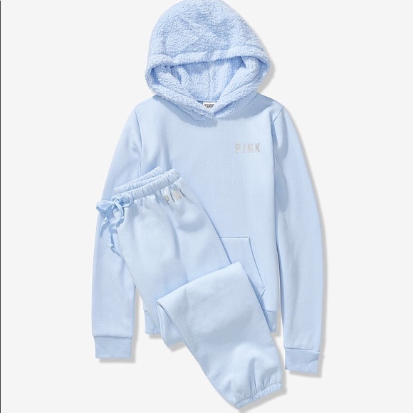 💕 VS PINK PERFECT BLUE SHERPA HOOD PULLOVER SET - Picture 2 of 7
